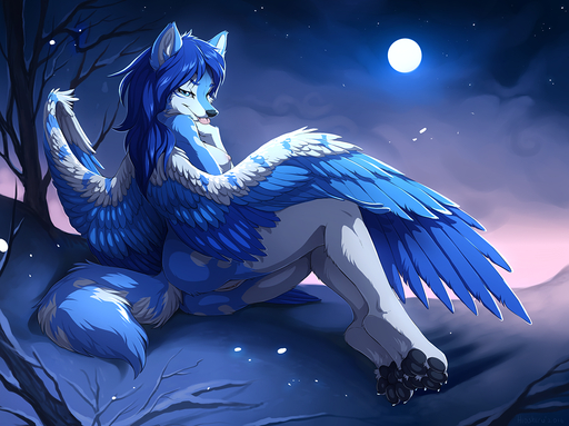 anthro blue_body blue_eyes blue_fur blue_hair breasts butt canid canine canis digital_media_(artwork) feathered_wings feathers female fur genitals hair hindpaw hioshiru looking_at_viewer mammal moon night nipples nude pawpads paws pussy seductive shaded snow solo star tala_(suntattoowolf) tongue tongue_out wings wolf // 1100x822 // 975.8KB