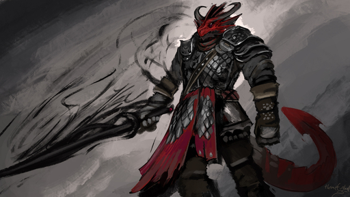 anthro armor clothed clothing dragon holding_object holding_sword holding_weapon horn male melee_weapon red_body red_scales scales solo sword themefinland weapon // 1400x788 // 565.2KB