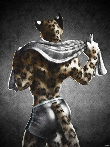 3:4 ambiguous_gender anthro biped bottomwear butt clothed clothing felid female_(lore) fur gesture hi_res leopard mammal middle_finger muscular muscular_ambiguous muscular_anthro pantherine qr_code rear_view shorts simple_background solo standing topless towel towel_around_neck vivon zorryn // 1200x1600 // 683.0KB