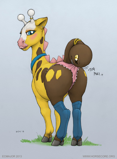 2013 blue_eyes blush bodily_fluids camel_toe clothed clothed_feral clothing drooling ecmajor edit female feral girafarig giraffid hi_res horn legwear licking licking_lips living_tail mammal nintendo ossicone panties pokemon pokemon_(species) saliva self_lick simple_background solo stockings tail_head tail_maw tail_mouth tongue tongue_out underwear video_games yellow_eyes // 1095x1485 // 1.2MB