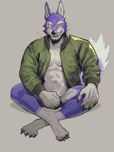 2022 absurd_res anthro athletic athletic_anthro athletic_male biped blue_body blue_fur bodily_fluids canid canine canis claws clothed clothing covering covering_crotch crossed_legs digital_media_(artwork) digitigrade fangs finger_claws fur grey_background grin hi_res jacket jacket_only k0bit0wani lobo_(animal_crossing) looking_at_viewer male mammal multicolored_body multicolored_fur navel open_clothing open_jacket open_topwear pecs simple_background sitting smile solo sweat topwear two_tone_body two_tone_fur video_games white_body white_fur wolf yellow_eyes // 2000x2667 // 578.4KB
