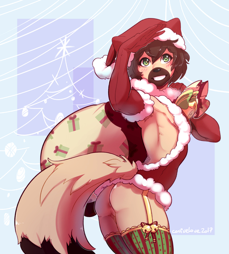 2017 5_fingers accessory anthro anus armwear bell black_nose blue_background blush bottomless brown_body brown_fur brown_hair butt canid canine caninelove canis christmas christmas_clothing christmas_headwear christmas_tree clothed clothing digital_media_(artwork) dipstick_tail elbow_gloves fingers fur garter gift girly gloves green_eyes hair handwear hat headgear headwear holding_object holidays jingle_bell leaning leaning_forward legwear male mammal matthew_(articwuff) multicolored_tail muzzle_(marking) plant raised_arm sack santa_dress santa_hat shaded shadow short_hair signature simple_background smile solo standing teeth thigh_highs tree wolf // 1000x1111 // 664.3KB