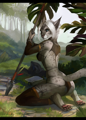 2017 anthro athletic athletic_anthro athletic_female biped black_bars blue_eyes breasts butt clothed clothing day detailed_background digitigrade facial_markings facial_piercing felid female frown full-length_portrait fur grass grey_body grey_fur hair head_markings hi_res holding_object holding_weapon humanoid_hands inner_ear_fluff juliathedragoncat kaley_(lynxer) kneeling leaf letterbox mammal markings melee_weapon nose_piercing nose_ring outside pawpads piercing plant polearm portrait rear_view rock scar septum_piercing shadow short_hair signature snout solo spear spots spotted_body spotted_fur tree tuft weapon white_hair // 1000x1400 // 1.8MB