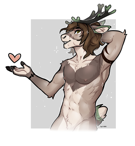 2020 5_fingers <3 abs anthro antlers brown_hair capreoline cervid digital_media_(artwork) eyebrows eyelashes f-r95 featureless_crotch fingers hair horn male mammal nude reindeer simple_background smile solo yellow_eyes // 1016x1100 // 461KB