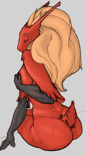 anthro artblush avian biped bird blaziken breasts butt covering covering_self eyes_closed female fur hand_on_breast nintendo non-mammal_breasts pokemon pokemon_(species) red_body red_fur simple_background sitting solo video_games // 502x907 // 347.3KB