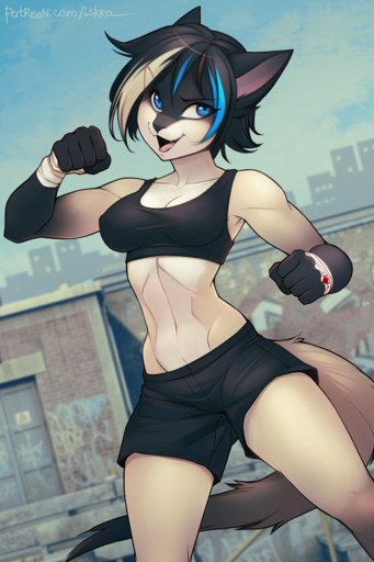 2016 2:3 5_fingers anthro arm_wraps athletic athletic_anthro athletic_female bandage black_body black_fur black_hair blonde_hair blood blood_on_bandage blue_eyes blue_hair bodily_fluids bottomwear bra breasts city cleavage clothed clothing cute_fangs day detailed_background digital_media_(artwork) domestic_cat dutch_angle eyelashes felid feline felis female fighting_pose fingers fist fur hair humanoid_hands iskra looking_at_viewer mai_karmel mammal midriff multicolored_hair navel open_mouth open_smile outside pose shaded short_hair shorts siamese skimpy sky smile solo sports_bra teeth tongue underwear white_body white_fur wide_hips wraps // 600x900 // 707.1KB