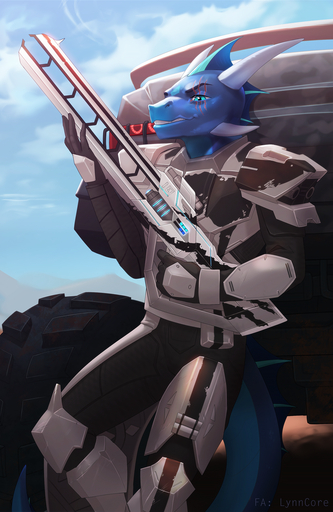 2019 5_fingers anthro clothed clothing day detailed_background digital_media_(artwork) dragon fingers gun hi_res holding_gun holding_object holding_weapon horn lynncore male outside ranged_weapon scar sky smile solo spines weapon wingless_dragon // 833x1280 // 1.0MB