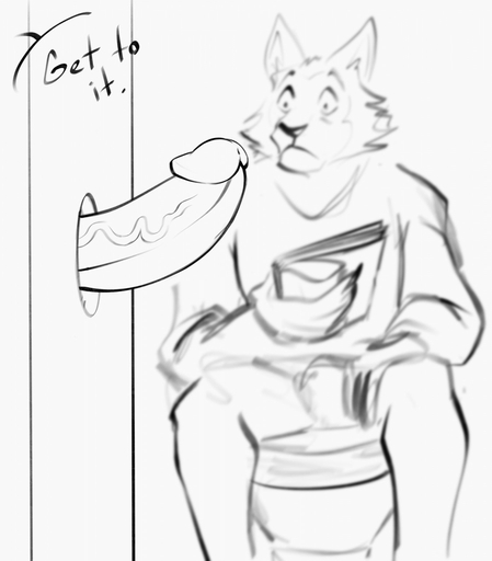 anthro bathroom beastars book canid canine canis claws demanding dialogue doost duo english_text genitals glory_hole hand_on_leg hand_on_thigh hi_res imminent_sex legoshi_(beastars) male malemale mammal monochrome penis public_restroom restroom_stall sitting surprise text toilet wolf // 1123x1280 // 107.3KB