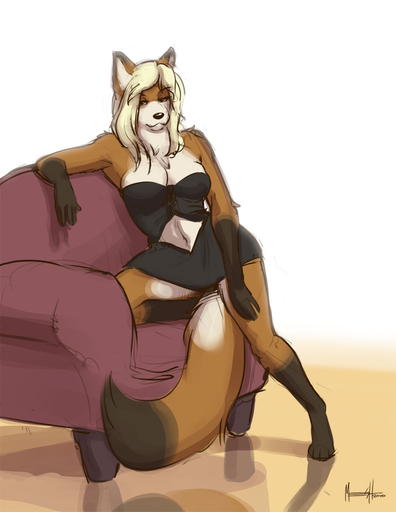 2010 anthro barefoot biped blonde_hair breasts canid canine chair digital_media_(artwork) feet female fox furniture hair mammal meesh pose simple_background solo white_background // 850x1100 // 307KB