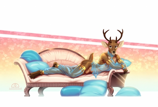 2018 anthro antlers arm_support bracelet cervid chain chastity_cage chastity_device clothed clothing girly harem_outfit horn humanoid_hands jewelry ladychimaera looking_at_viewer male mammal penis piercing pillow reclining simple_background smile solo translucent translucent_clothing // 1280x866 // 123.2KB