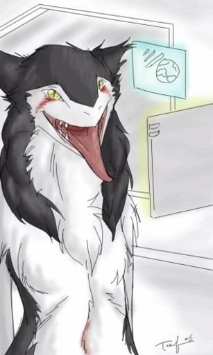 3:5 ambiguous_gender anthro black_body black_fur casual_nudity chest_tuft conditional_dnp countershading digital_media_(artwork) fur low_res mammal nude oekaki open_mouth open_smile pupils rain_silves sergal sharp_teeth slit_pupils smile solo teeth tom_fischbach tongue tongue_out tuft white_body white_fur yellow_eyes // 300x500 // 37.9KB