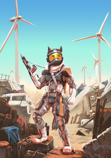 anthro armor automatic_weapon bandolier belt body_armor bone boots breastplate canid canine canis clothing fabric footwear gas_mask gloves gun handwear harness headgear helmet hi_res junkyard knee_pads male mammal marsonaut mask ranged_weapon rust sand satchel science_fiction shoulder_pads skull soldier solo straps suit tents truck vehicle visor warrior weapon wind_turbine windmill wolf // 903x1280 // 276.7KB