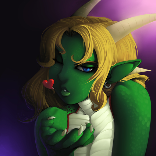 1:1 2013 <3 anthro blonde_hair blue_eyes breasts bust_portrait claws dragon ear_piercing faint female green_body green_lips green_skin hair horn lips long_hair looking_at_viewer non-mammal_breasts one_eye_closed piercing portrait reptile scalie solo white_body white_skin wink // 1000x1000 // 638.2KB