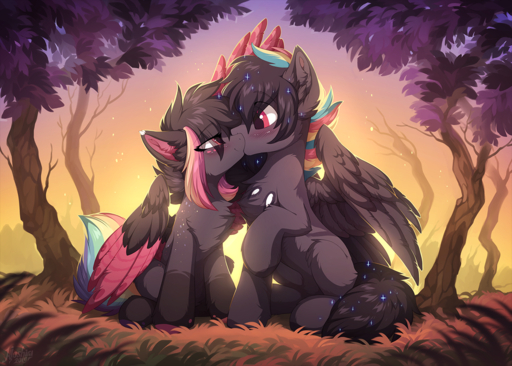 2019 black_body black_feathers black_fur day detailed_background digital_media_(artwork) duo equid equine feathered_wings feathers feral forest fur grass hioshiru horse mammal outside pegasus pink_eyes plant sitting tree wings // 1280x915 // 1.5MB