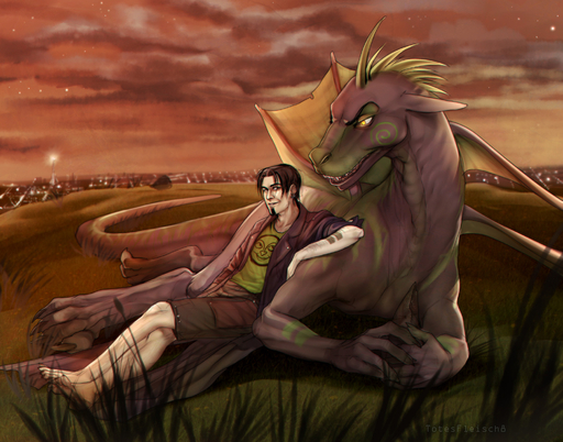 ambiguous_gender claws clothed clothing dragon duo feral grass hi_res human lying male mammal outside plant relaxing scalie smile tod_(totesfleisch8) totesfleisch8 wings yellow_eyes // 2000x1572 // 603.5KB