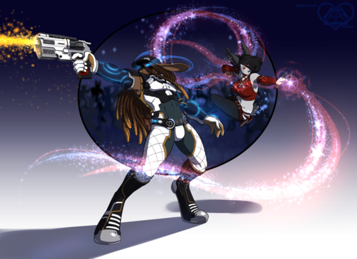 5_fingers anthro black_hair breasts bulge clothed clothing duo female fingers gun hair holding_gun holding_object holding_weapon kittydee lagomorph leporid male mammal rabbit ranged_weapon standing weapon // 1280x929 // 951KB