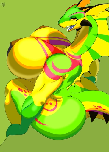 anthro bedroom_eyes big_breasts big_butt breasts butt dragon fallen_angel_(artist) female green_background green_body hi_res huge_breasts looking_at_viewer looking_back marine markings multicolored_body narrowed_eyes nipples nude red_eyes scalie seductive shaded sharp_teeth simple_background sitting smile smiling_at_viewer solo tail_markings teeth yellow_body // 1465x2048 // 226.7KB