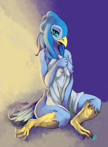 anthro avian beak biped bird bird_feet blue_body blue_feathers breasts celestia_jade covering covering_self feathers female hi_res non-mammal_breasts nude one_breast_out shy sitting solo tail_feathers talons zerolativity // 943x1280 // 157.6KB