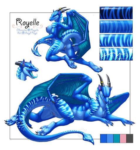 2010 acidapluvia_(artist) anthro anus ass asyd_rayn blue blue_tongue breasts claws cloaca dragon dragoness fangs female feral green_eyes horns model_sheet nipples nude palette plump_labia pose presenting pussy royelle scalie showing_off sideboob solo spade_tail stripes tail tongue white_background wings // 1119x1200 // 885.1KB