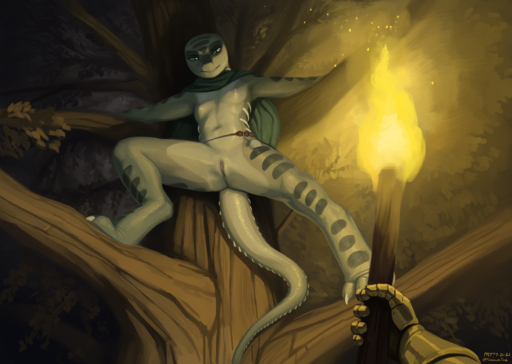 absurd_res against_natural_surface against_surface against_tree anthro breasts cape clothing female genitals hi_res hiding lizard night plant pussy reptile scalie small_breasts solo the-minuscule-task torch tree // 4980x3545 // 9.4MB