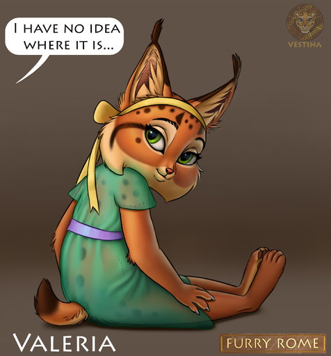 absurd_res ancient_rome anthro belt clothed clothing dialogue dress english_text felid feline female fur green_eyes hi_res inner_ear_fluff lynx mammal orange_body orange_fur simple_background smile solo speech_bubble spots spotted_body spotted_fur text tuft valeria_(vestina) vestina young // 2605x2804 // 1.1MB