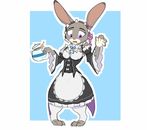 2020 absurd_res anthro avoid_posting blue_background clothed clothing cosplay digital_media_(artwork) female fully_clothed fur grey_body grey_fur hi_res holding_object judy_hopps lagomorph leporid maid_uniform mammal open_mouth purple_eyes rabbit rem_(re:zero) simple_background solo standing teapot uniform white_background zhanbow // 4415x3902 // 596.4KB