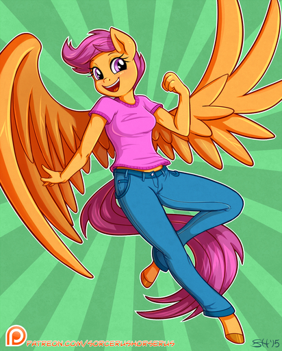 2015 aged_up anthro anthrofied bottomwear clothed clothing denim denim_clothing equid equine feathered_wings feathers female friendship_is_magic hair hasbro hooves horse jeans mammal my_little_pony open_mouth orange_body orange_feathers pants pegasus portrait pose purple_eyes purple_hair scootaloo_(mlp) smile solo sorc unguligrade_anthro wings // 914x1137 // 1.2MB