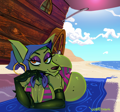2018 anthro armwear beach bedroom_eyes big_breasts big_butt bikini blue_sky breasts butt canid canine canis cartoon_network chihuahua clothing cloud courage_the_cowardly_dog cowl detailed_background domestic_dog ear_piercing elbow_gloves eyelashes female fortune_teller fur gloves gloves_only green_body green_eyes green_fur gypsy half-closed_eyes handwear handwear_only heterochromia hood looking_at_viewer lying mammal mature_female mole_(marking) mostly_nude narrowed_eyes on_front on_towel orange_eyes outside pattern_bikini pattern_clothing pattern_swimwear piercing sand seaside seductive shirley_the_medium signature sky smile solo striped_bikini striped_clothing striped_swimwear stripes swimwear towel toy_dog wagon wide_hips wolftang // 1029x964 // 789.8KB