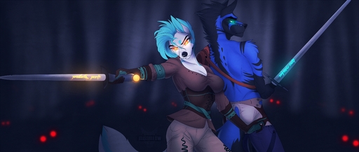 absurd_res anthro black_body black_fur blue_body blue_eyes blue_fur blue_hair breasts canid canine canis catherinemeow clothed clothing detailed_background domestic_dog duo female fluffy fluffy_tail fur hair hi_res holding_object holding_weapon male malefemale mammal melee_weapon multicolored_body multicolored_fur muscular muscular_anthro muscular_male orange_eyes partially_clothed romantic_couple sword two_tone_body two_tone_fur weapon white_body white_fur wolf // 3724x1576 // 3.4MB