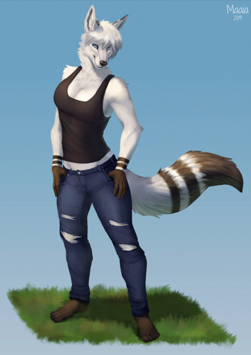 anthro breasts canid canine canis clothed clothing digital_media_(artwork) feet female fluffy grass hair hi_res illusie looking_at_viewer maaia mammal plant simple_background smile solo wolf // 877x1240 // 1.4MB