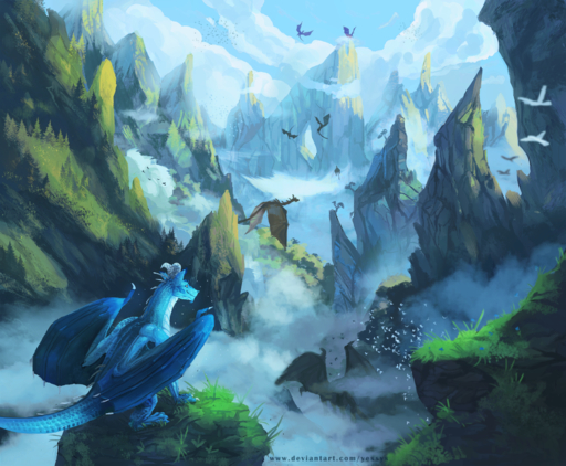amazing_background ambiguous_gender blue_body blue_scales claws day detailed_background dragon feral grass group hi_res horn membrane_(anatomy) membranous_wings outside plant scales scalie sitting sky spines text url western_dragon wings yessys // 1800x1485 // 3.5MB