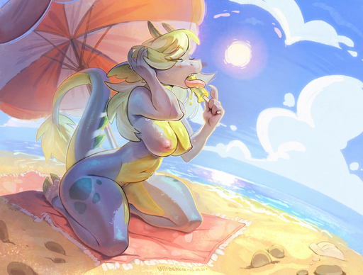 anthro beach blue_body blush breasts campfire_(buttocher) claws dessert digital_media_(artwork) dragon female food genitals green_hair hair ice_cream nipples nude outside pink_nipples pussy reptile scalie seaside shaded solo ulitochka wingless_dragon yellow_body // 1280x969 // 290.8KB