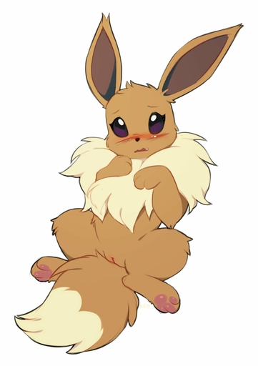 2019 3_toes black_nose blush brown_body brown_fur dipstick_tail eevee embarrassed feet female feral fur genitals hi_res hioshiru looking_at_viewer markings multicolored_tail neck_tuft pawpads paws pokemon_(species) purple_eyes pussy quadruped simple_background solo tail_markings tan_body tan_fur toes tuft video_games // 1410x2001 // 113KB