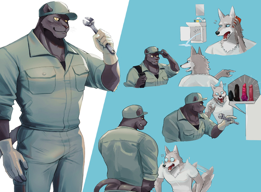 2021 absurd_res anthro blue_eyes blush bottomwear bottomwear_down bulge butt buttplug canid canine canis clothed clothing digital_media_(artwork) dildo duo felid fur gloves grey_body grey_fur grin handwear hat headgear headwear hi_res k0bit0wani looking_at_another looking_at_genitalia male malemale mammal muscular muscular_male pantherine pants pants_down partially_clothed phone phone_call plug_(sex_toy) plumber purple_body purple_fur sex_toy sink smile tail_motion tailwag tools whiskers white_body white_fur wide_eyed wolf wrench yellow_eyes // 3400x2500 // 3.2MB
