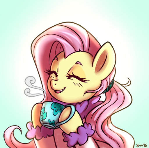 2016 cup earth_pony equid equine eyes_closed female feral fluttershy_(mlp) hair holding_cup holding_object horse mammal pink_hair pony quadruped scarf simple_background smile solo sorc steam // 737x731 // 413.9KB