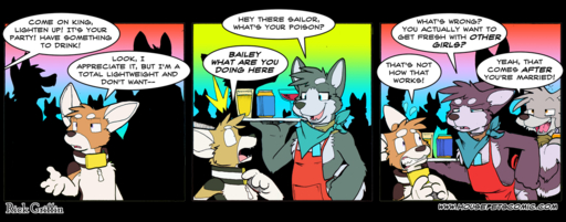 alcohol alpha_channel anthro bailey_(housepets!) beverage bubble canid canine canis comic daryl_(housepets!) dialogue domestic_dog english_text female king_(housepets!) male mammal party rick_griffin text url webcomic webcomic_character wolf // 1200x471 // 447.8KB