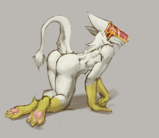 2018 all_fours anthro butt hi_res koialfoimo male mask pawpads paws presenting presenting_hindquarters raised_tail seraphim_(starfae) sergal simple_background smile solo white_tail // 2073x1800 // 1.6MB