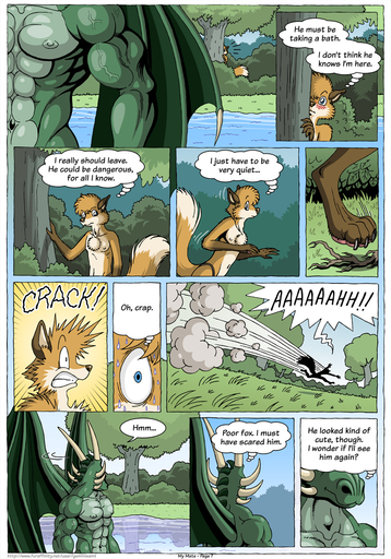 2015 abs anthro biceps bottomwear canid canine claws clothed clothing comic detailed_background dialogue dragon duo english_text farin feet forest fox geminisaint hi_res horn loincloth male mammal membrane_(anatomy) membranous_wings muscular nature nude pawpads paws pecs plant river running scalie scared sekk'ral smile text thought_bubble toe_claws topless tree tribal vein water wings // 896x1280 // 576.0KB