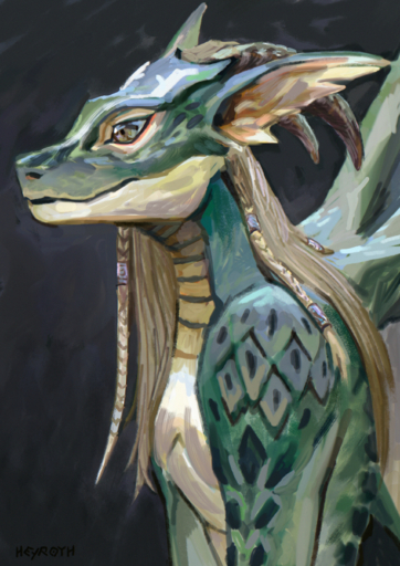 absurd_res belly braided_hair brown_eyes dragon drawain female fin_ears flat_chested green_body hair hi_res horn painting_(artwork) portrait scalie simple_background solo tan_belly traditional_media_(artwork) wings // 1920x2716 // 8.0MB