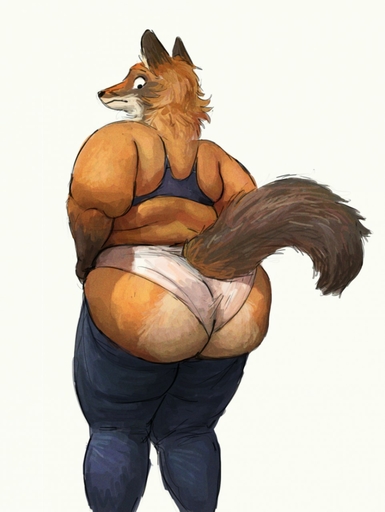 2020 anthro big_butt bottomwear bra butt canid canine cettus clothing clothing_pull clothing_too_small denim denim_clothing digital_media_(artwork) fat_rolls female fox hi_res huge_butt jeans looking_back love_handles mammal obese obese_female overweight overweight_female panties pants simple_background solo standing thick_thighs underwear white_background // 962x1280 // 128.4KB