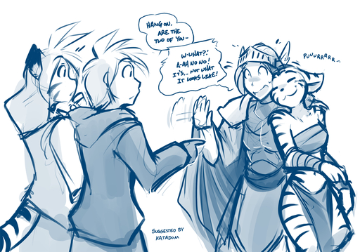 2018 :3 anthro armor blue_and_white cape clothed clothing conditional_dnp daniels_(twokinds) dialogue english_text eyes_closed felid female flora_(twokinds) fur group headgear helmet hi_res human keidran male mammal midriff monochrome nervous nuzzling open_mouth pantherine pauldron purring simple_background sketch skimpy smile striped_body striped_fur stripes surprise text therie_sah-van tiger tom_fischbach trace_legacy twokinds webcomic webcomic_character white_background // 1600x1122 // 940.9KB