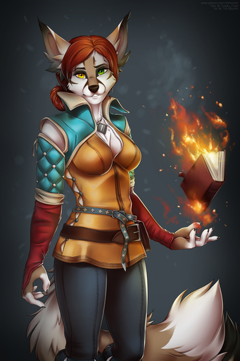 5_fingers anthro biped black_nose book breasts canid canine clothed clothing female fingers fire fluffy fluffy_tail fur green_eyes hair heterochromia looking_at_viewer mammal red_hair solo standing the_witcher tril-mizzrim triss_merigold wide_hips yellow_eyes // 733x1100 // 719.9KB