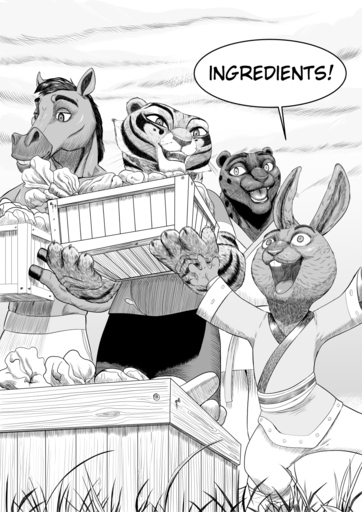 anthro box cabbage carrot clothed clothing comic container dialogue equid equine felid feline female food fully_clothed fur greyscale group hi_res holding_object horse iron lagomorph leporid li male mammal master_tigress monochrome open_mouth open_smile pantherine plant rabbit sabrotiger size_difference smile striped_body striped_fur stripes tiger vegetable // 1018x1440 // 1.6MB