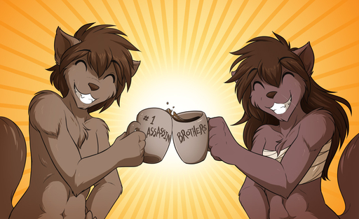 ^_^ abs anthro bandage beverage brown_body brown_fur brown_hair brown_nose canid canine canis casual_nudity chest_tuft clothed clothing coffee conditional_dnp cup duo english_text eyes_closed fangs female food fur hair happy holding_cup holding_object keidran long_hair male mammal muscular natani nude short_hair smile teeth text tom_fischbach topless tuft twokinds webcomic webcomic_character wolf zen_(twokinds) // 1400x856 // 300.5KB