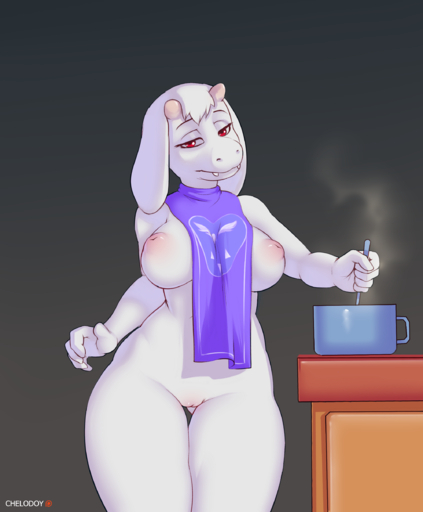2016 absurd_res anthro boss_monster bovid breasts caprine chelodoy cloth cooking cooking_pot digital_media_(artwork) english_text female fur genitals glistening glistening_body hi_res inverted_nipples looking_at_viewer mammal nipples patreon_logo patreon_username pussy red_eyes solo standing steam text thick_thighs toriel video_games white_body white_fur wide_hips // 2000x2418 // 1.6MB