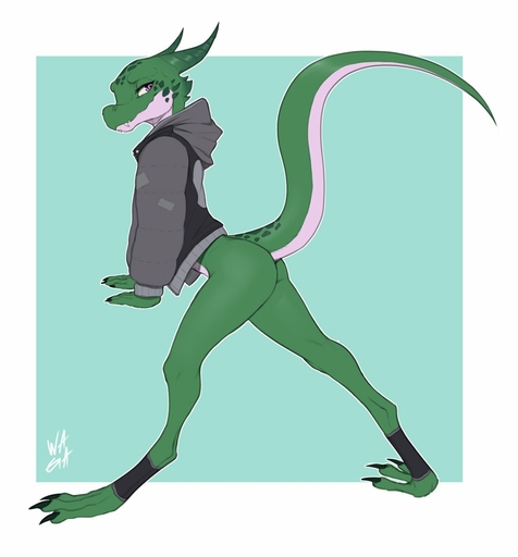 2021 anthro bottomless bottomless_anthro bottomless_female butt clothed clothing female full-length_portrait green_body green_scales hoodie horn jacket kobold leaning leaning_forward looking_back portrait raised_tail scales scalie side_view solo topwear w4g4 // 981x1056 // 57.6KB