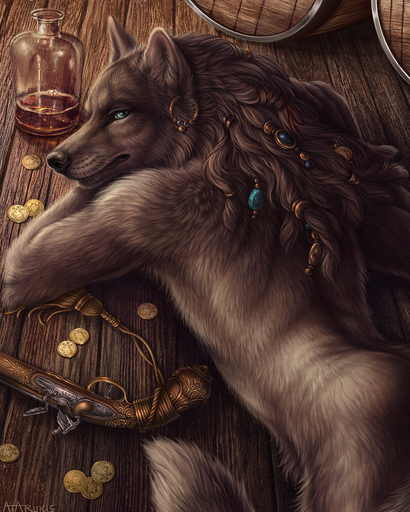 2021 anthro blue_eyes bottle canid canine canis coin detailed_background digital_media_(artwork) fur hair hi_res looking_at_viewer lying male mammal rukis solo wolf // 1000x1250 // 1.1MB