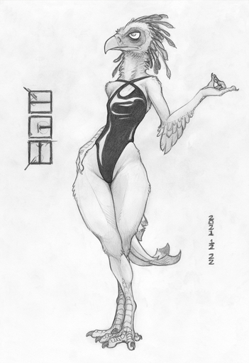 2021 4_fingers 4_toes accipitriform anthro avian beak biped bird breasts clothed clothing ecmajor elbow_tufts feathers feet female fingers hi_res latex_clothing monochrome non-mammal_breasts one-piece_swimsuit secretary_bird signature simple_background solo standing swimwear talons toes traditional_media_(artwork) white_background // 913x1330 // 942.3KB