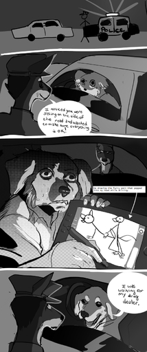 2020 ambiguous_gender anthro black_nose bodily_fluids canid canine canis car comic dark_body dark_fur dialogue domestic_dog drawing_tablet duo english_text eye_contact floppy_ears fur grimart hi_res humor light_body light_fur looking_at_another male mammal monochrome nervous police_car police_hat police_officer simple_background steering_wheel stick_figure sweat text vehicle wide_eyed // 767x1834 // 655.3KB