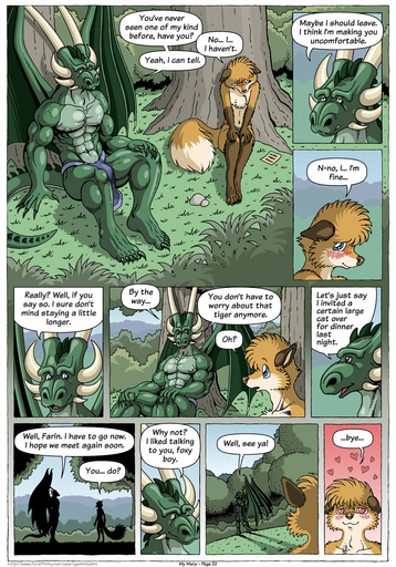 2015 <3 <3_eyes abs anthro biceps big_muscles blush bottomwear canid canine claws clothed clothing comic detailed_background dialogue digitigrade dragon duo english_text farin forest fox geminisaint green_body green_scales hi_res horn huge_muscles infatuation loincloth male mammal membrane_(anatomy) membranous_wings muscular nature pecs plant plantigrade scales scalie sekk'ral shy sitting size_difference smile speech_bubble text topless tree tribal wings // 896x1280 // 612.8KB